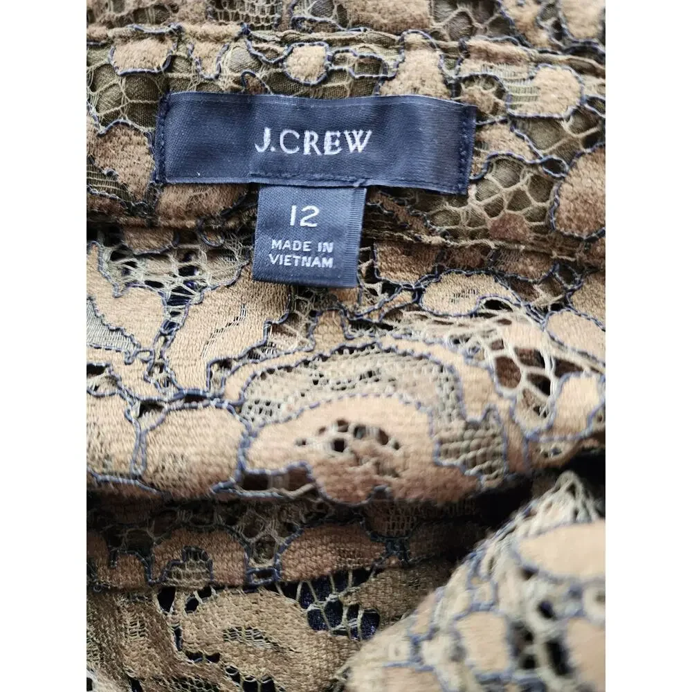 J Crew Olive Green Lace Button Up Blouse Womens Size 12 Sheer Floral Top